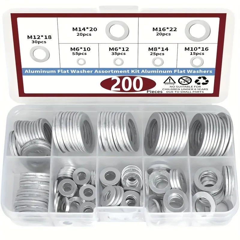 Kit de juntas de tapón de drenaje de 200 piezas, kit de combinación de arandela de aplastamiento de aluminio de 7 tamaños, automotriz, tapón de drenaje de aceite de arandela de aplastamiento M6 M8 M10 M12 M14 M16