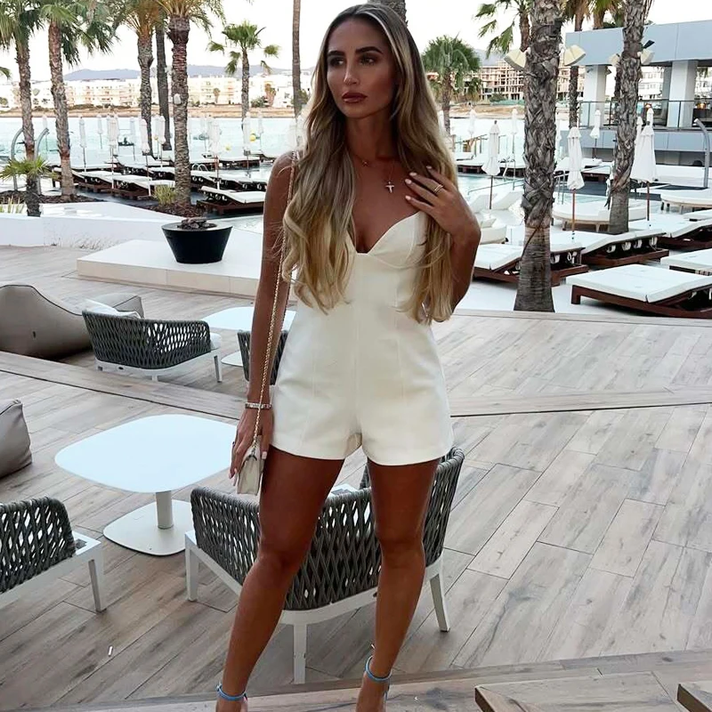 HXAO 여성 짧은 점프 슈트 민소매 슬립 Combishort 여성 여름 코르셋 휴가 화이트 Romper Bow Backless 섹시한 여성 Romper