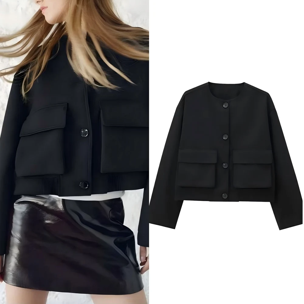 

Women's new fashion flip pocket decoration casual round neck flight jacket retro long sleeved Button-up women's jacket chic top