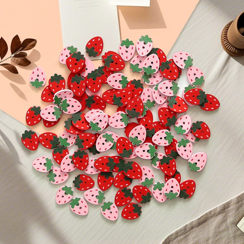 25PCS Colorful Printed Strawberry Wooden Buttons Two Holes Cartoon Wood Buttons DIY Decor Kids Handmade Accessories