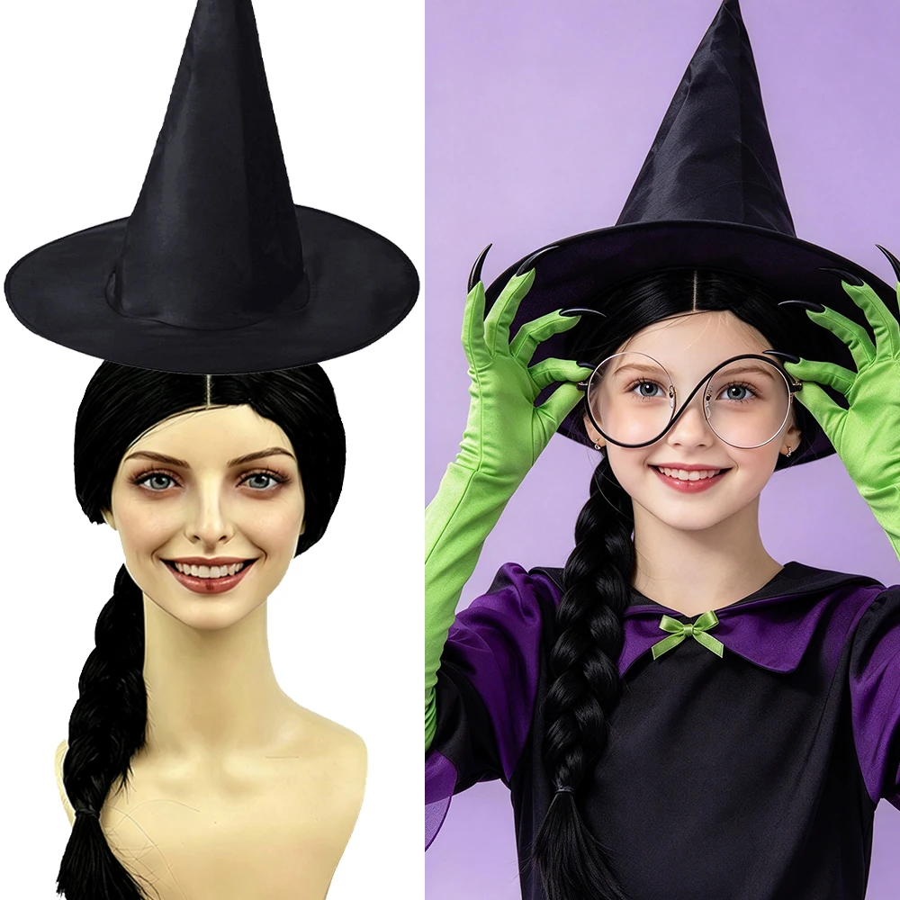 Black Witch Cosplay Fantasy Costume Green Gloves Hat Glasses Set For Women Roleplay Props Halloween Carnival Party