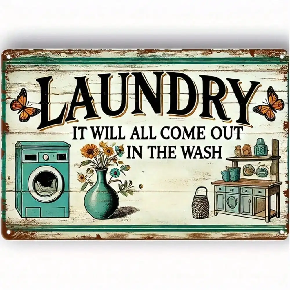 HELLOYOUNG Vintage Metal Wall Sign Rustic Laundry Room Decor with It Will All Come Out in The Wash Quote Green Butterfly Art Decorative Tin Sign for Home Wall Hanging