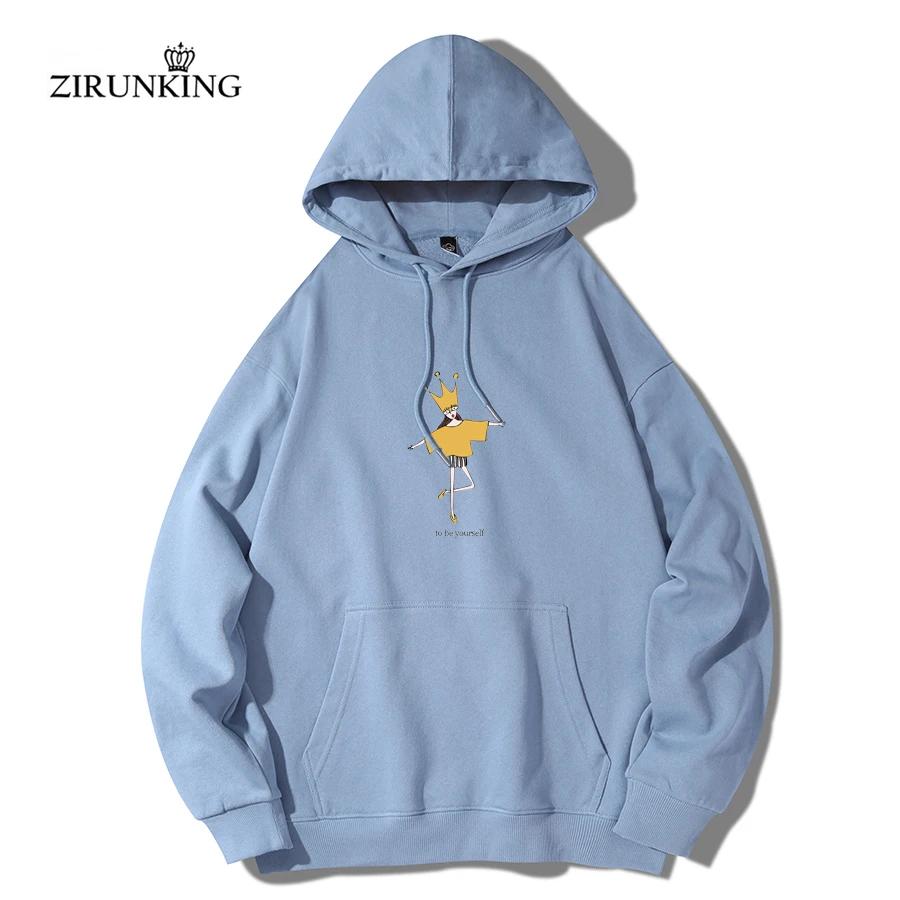 

ZIRUNKING Spring Long-sleeved Lazy Style Loose Hooded Top Navy Blue Blake Cotton Terry Hoodies Women Big Pockets Streetwear