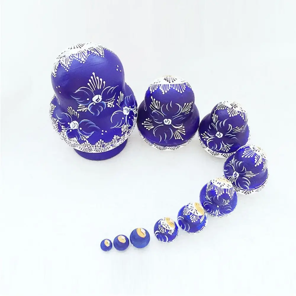 

10Pcs/Set Wood Russian Nesting Dolls 10 Layer Handmade Matryoshka Wooden Doll Toys Cartoon Blue Floral Print Stacking Dolls