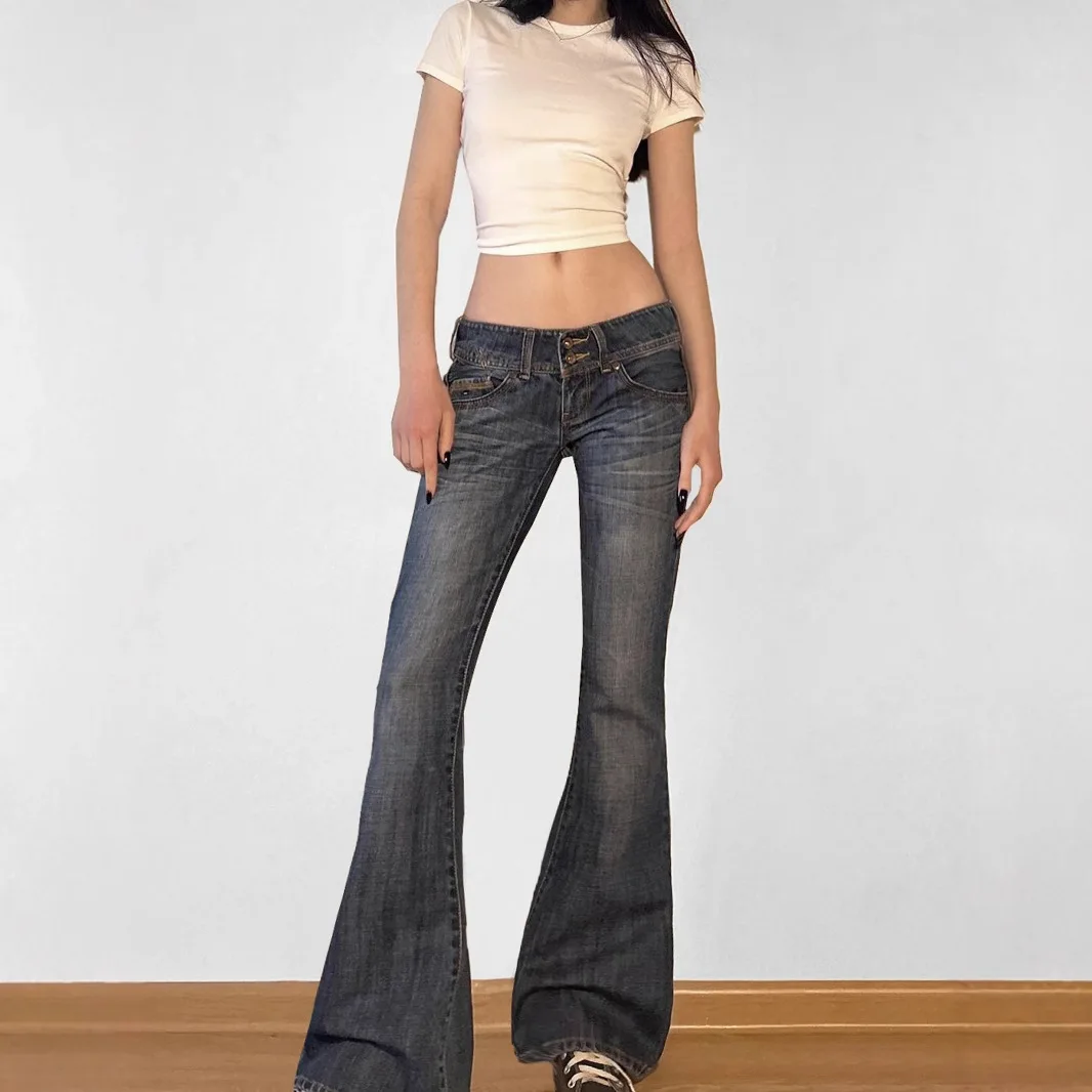 Street Washed Lowrise Microjeans Retro Slim Casual Pants Cleanfit Style Low Waist Button Fabric Polyester Other Material 100%