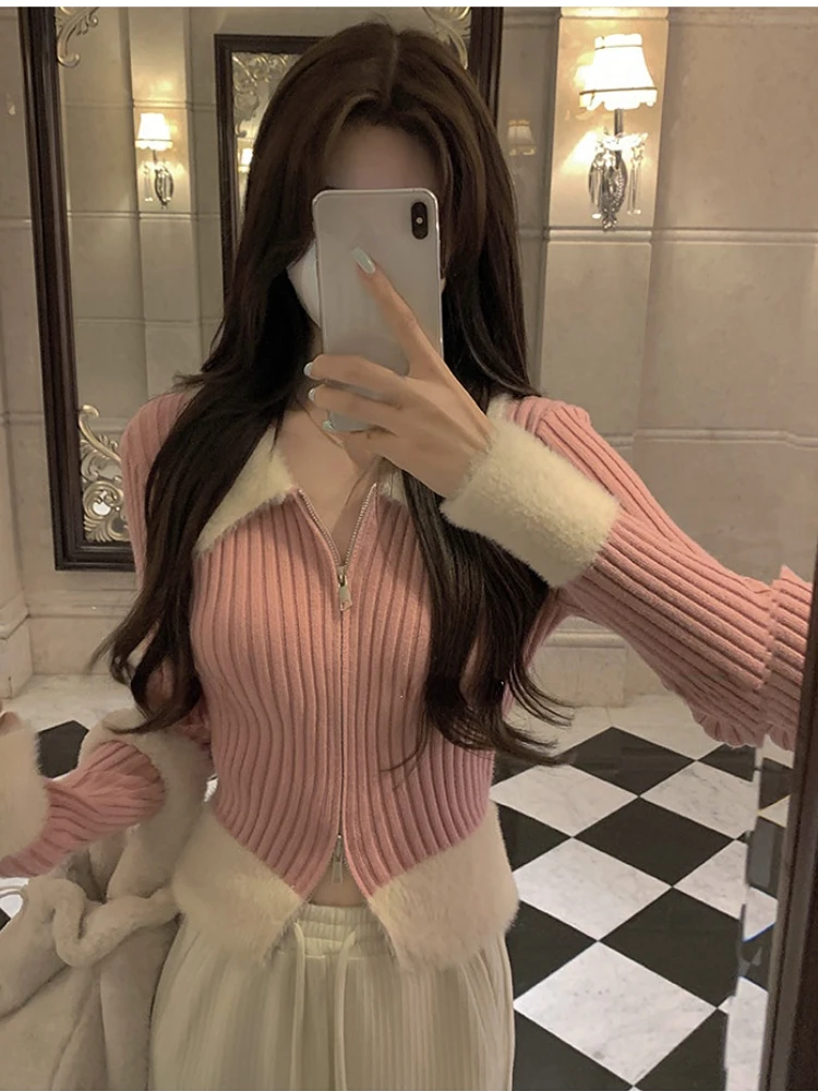 Sweter z dzianiny ze sztucznego futra dla kobiet Elegancki sweter z zamkiem błyskawicznym Biuro Lady Casual Y2k Crop Tops Koreańska moda 2022 Zima