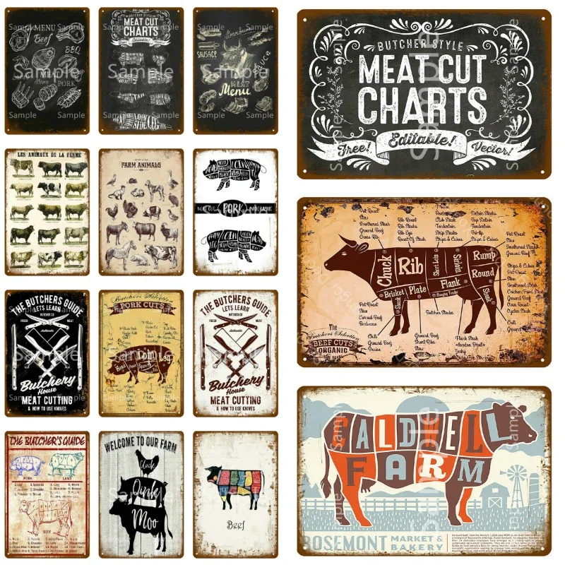 The Butcher's Guide Poster Vintage Metal Signs Meat Cut Charts Painting Kitchen Art Picture Restaurant Wall Decor YL006