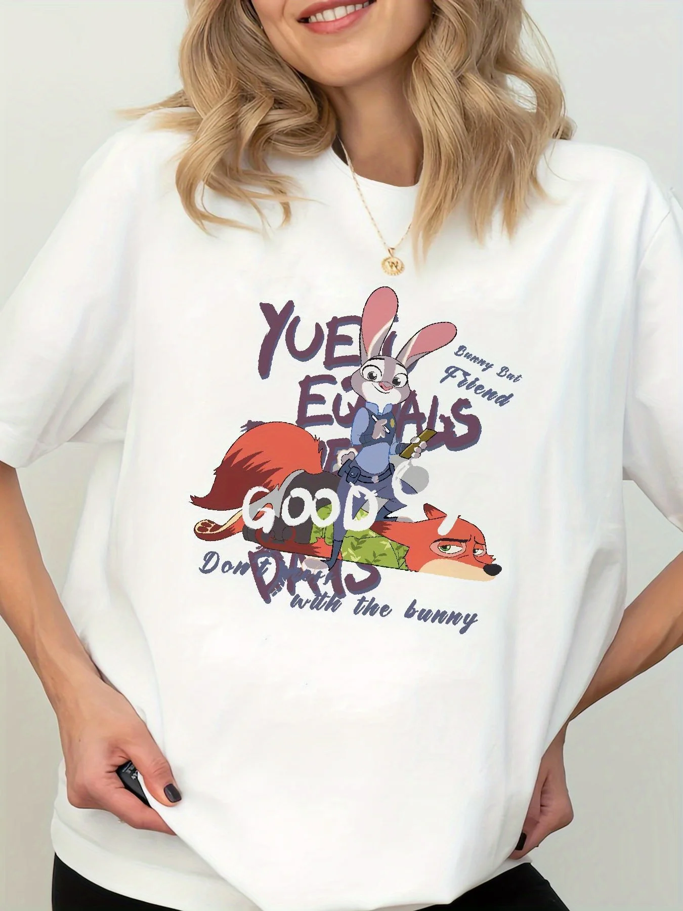 여성용 '주토피아' 그래픽 티셔츠 - 닉 와일드와 주디 홉스 디자인의 캐주얼 반팔 흰색 티셔츠, 여름용 통기성