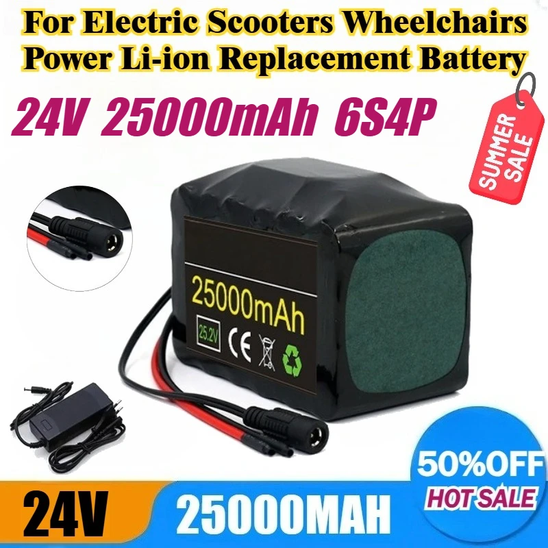 24V 6S4P 25000mAh 18650 Li-ion Battery Pack for Electric Scooters Wheelchairs Power Li-ion Replacement Battery +25.2V 2A Charger