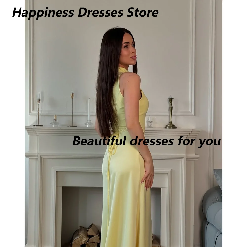 فستان سهرة أصفر بدون أكمام بياقة عالية فساتين سهرة متواضعة للنساء 2025 فساتين حفلات الزفاف الطويلة حسب الطلب