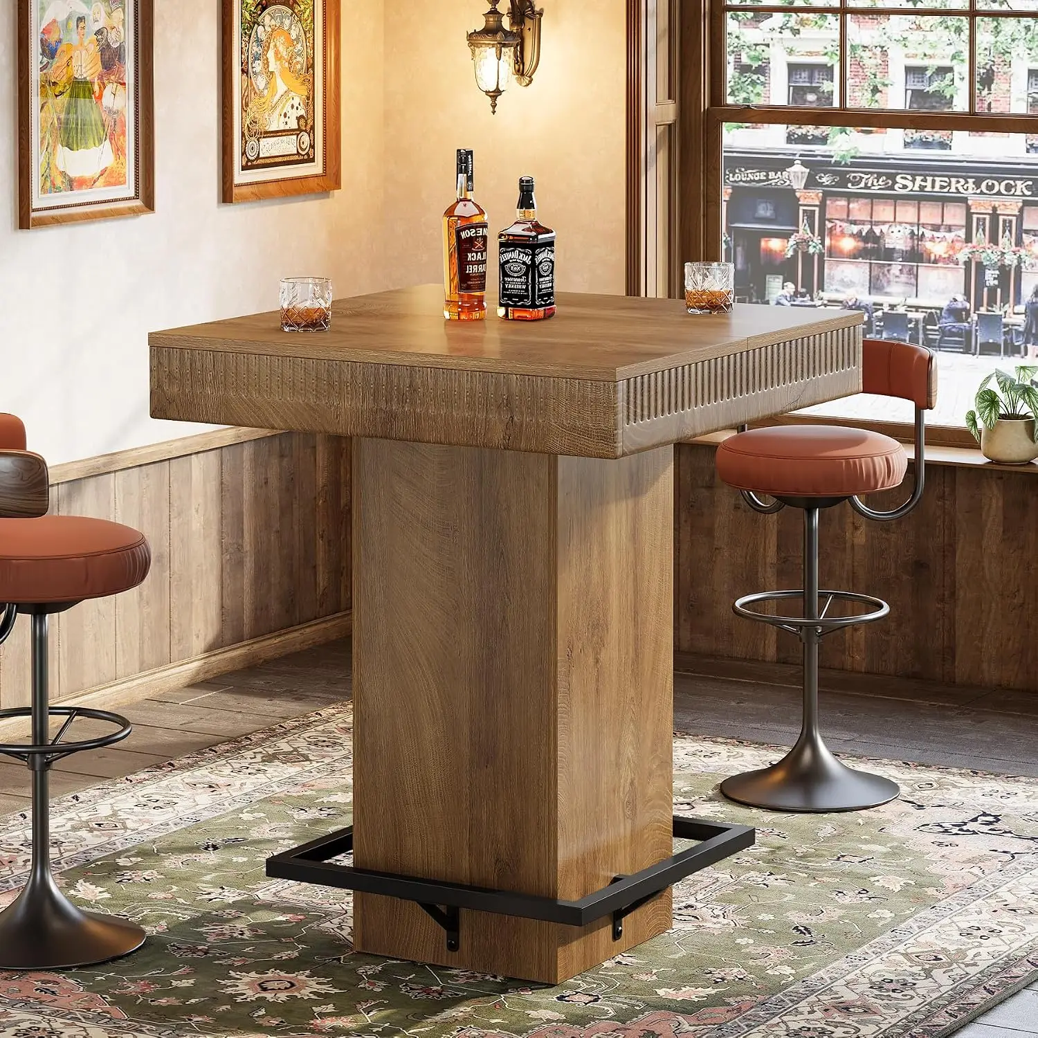 Square Wooden Bar Table with Metal Footrest, Industrial High Top Bistro Table for Small Bars Kitchen Nook, 37.4