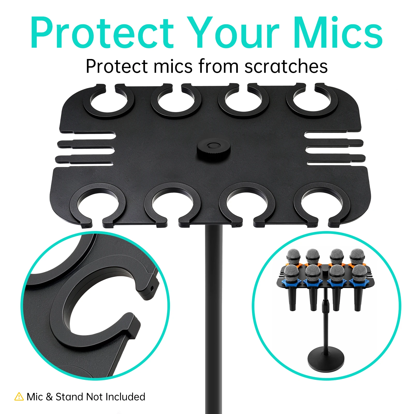 8-Slot Multi Microphone Holder for Handheld Dynamic, Wired & Wireless Mics with Cable Organizer Hook