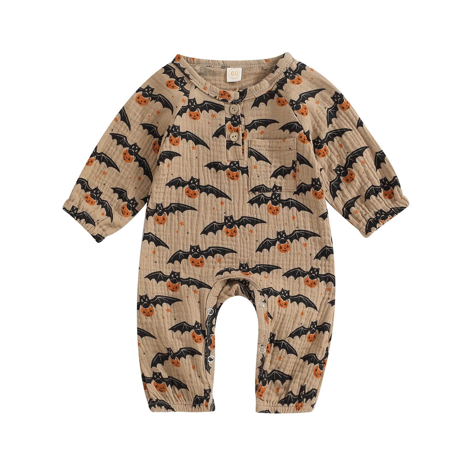 2024 New Toddler Baby Jumpsuit Long Sleeve Crew Neck Pumpkin Bat Print Newborn Romper Halloween Baby Clothes for Girls Boys