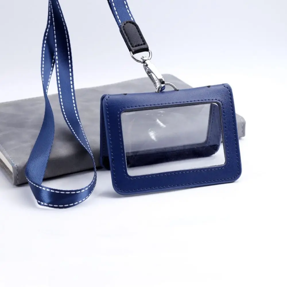 Double-Sided Leather Card Cover Badge Clip With Neck Strap ID Card Holder Clear Folding Leather Badge Holder Work Bank Card