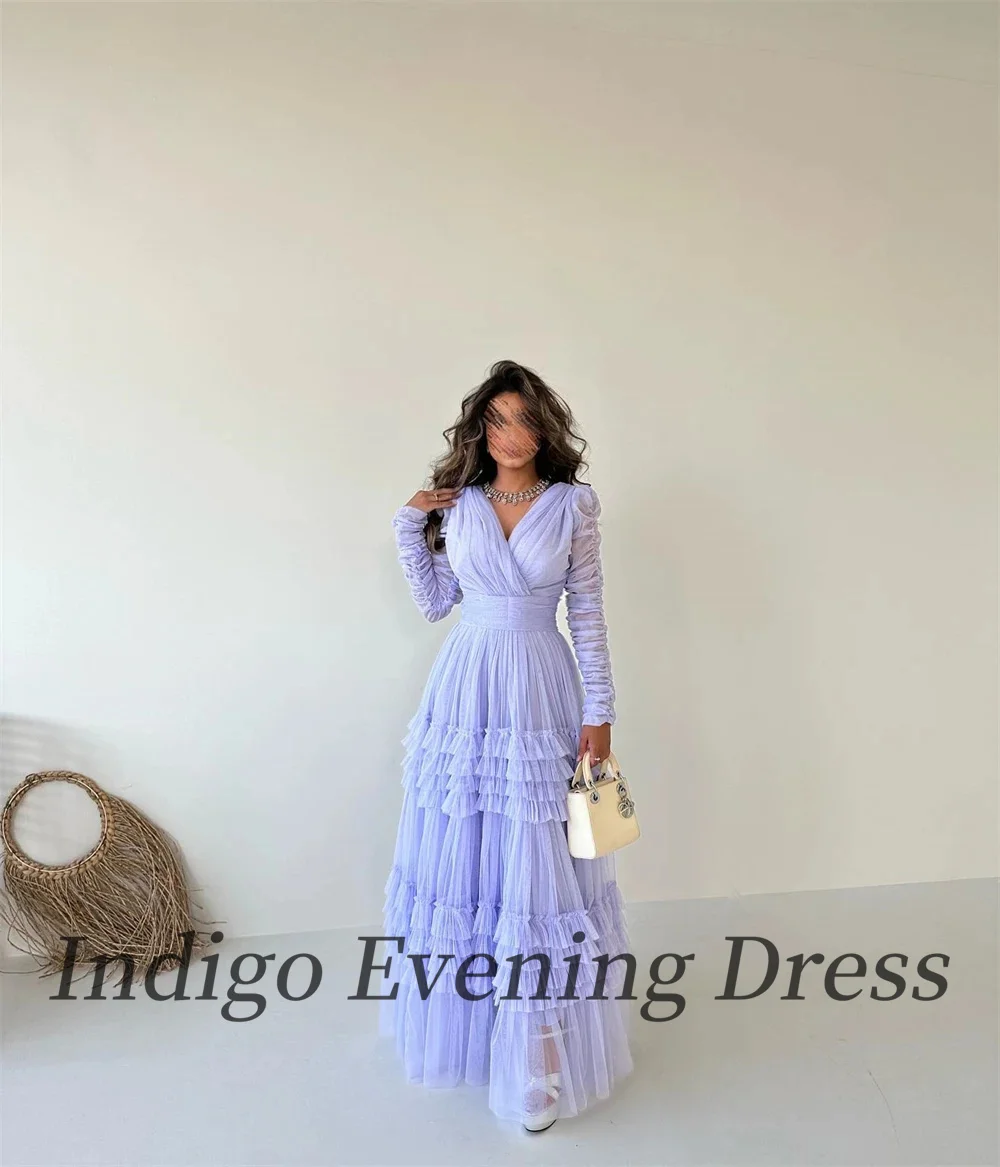 Indigo Tulle Prom Dresses V Neck Long Sleeves  Floor-Length A Line Women Formal Party Elegant Gown 2024 vestidos de gala