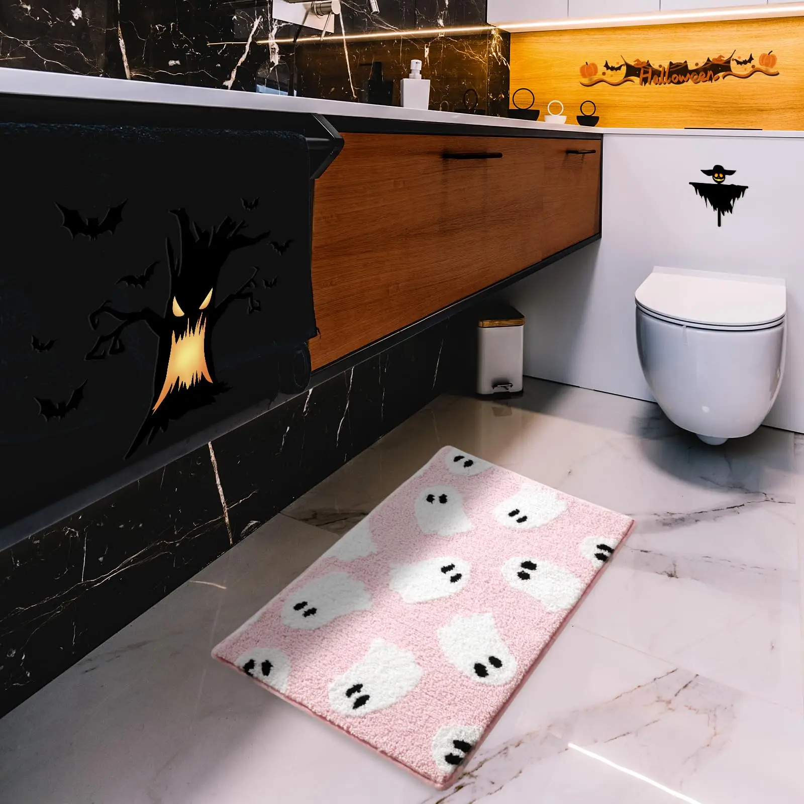 Vikama Black Ghost Bathroom Rug Soft and Absorbent Halloween Bath Mat Non Slip Washable Bathroom Home Holiday Decor Area Rug