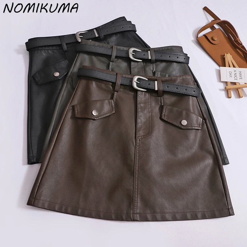 KUSAHIKI 2024 New Autumn Winter PU Short Skirt High Waist with Belt A-line Leather Skirts for Women Faldas De Mujer