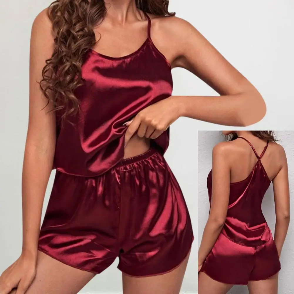 Women Summer Pajama Set Satin Spaghetti Strap Off Shoulder Backless Sleeveless Two Piece Pajama Set Loose Fit Female Loungewear