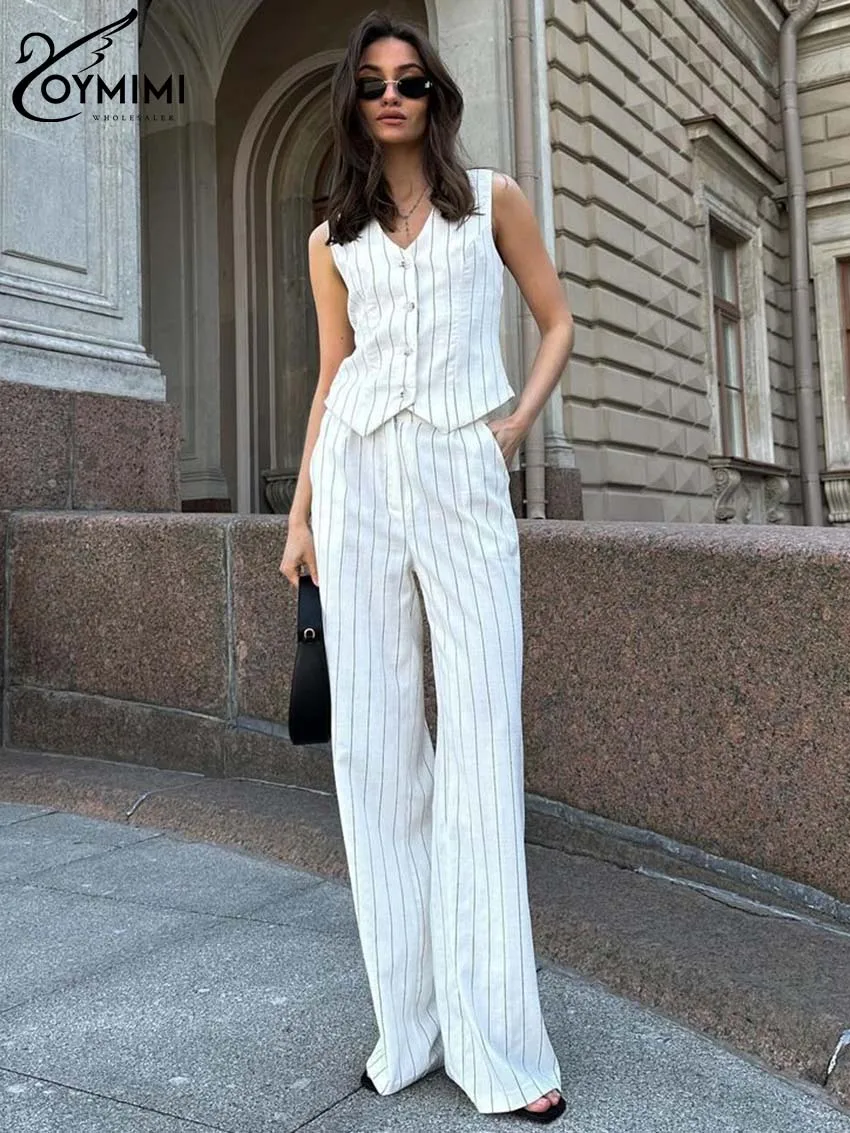 Oymimi Casual White Print Women 2 Piece Set Outfit Fashion V-Neck Sleeveless Tank Tops And High Waist Straight Trousers Sets