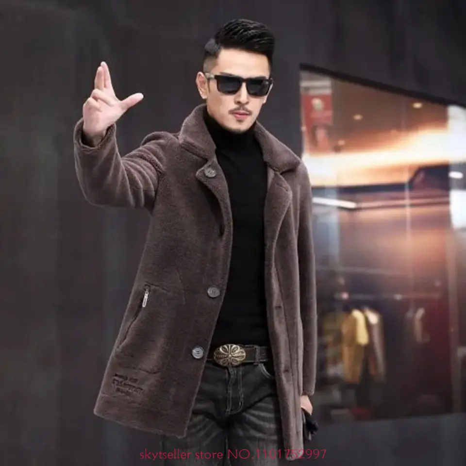 

2022 Men's Autumn Winter New Long Sheep Shearing Coats Male Lapels Genuine Wool Jackets Men Casual Single Breasted Outerwear N11