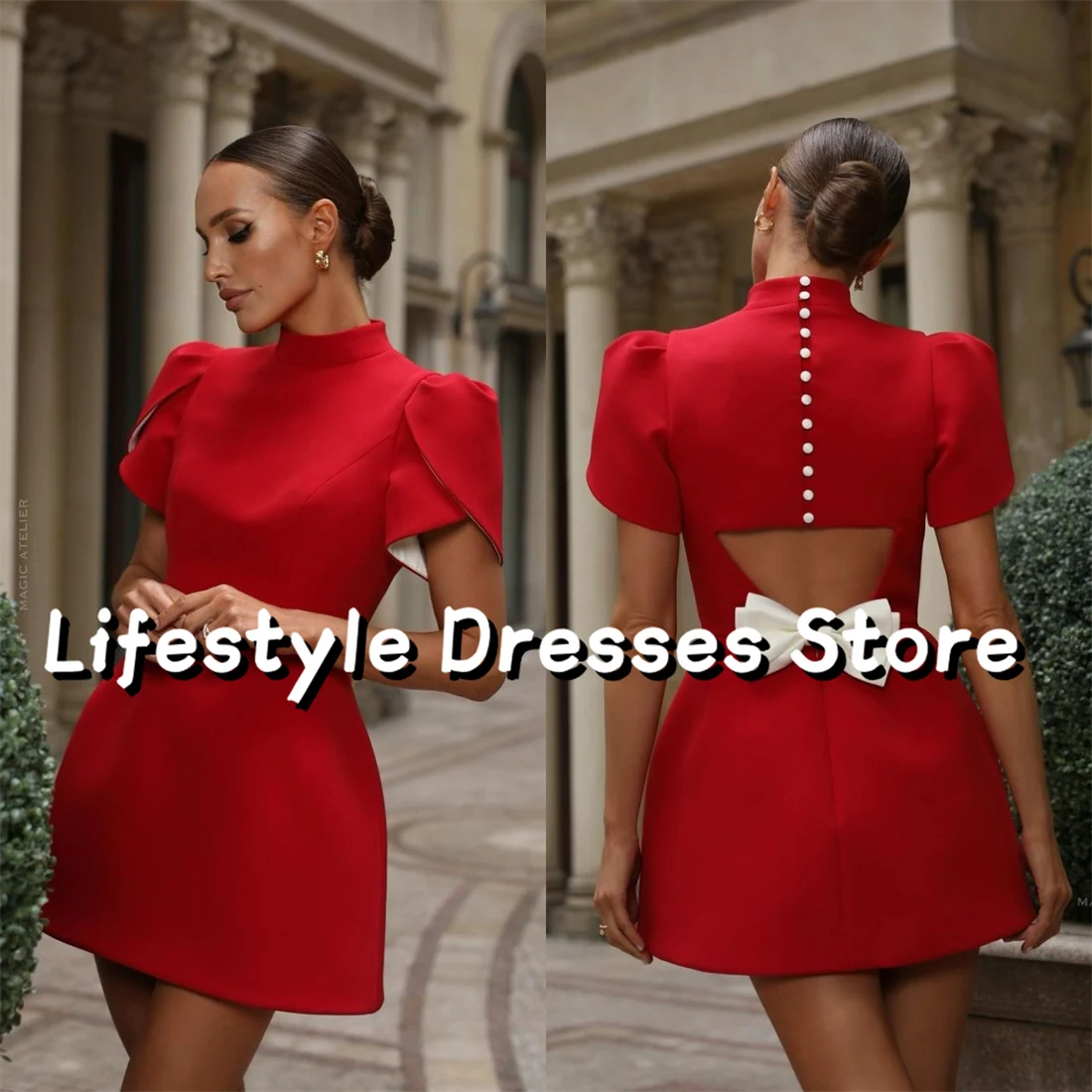 

2024 New Red Crepe Cocktail Dresses Short Sleeves Bow Buttons Vintage Evening Dresses Formal Party vestidos de festa