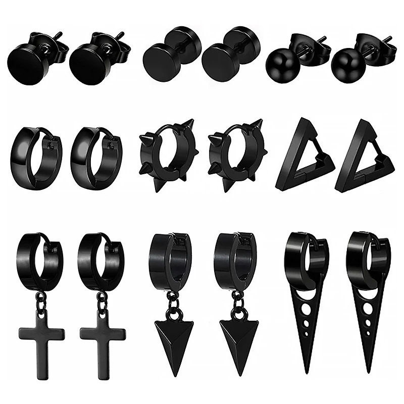 1-9 pares de pendientes de gota negros Punk de acero inoxidable Unisex para hombre, geometría, triángulo, estrella, Cruz, amor, pluma, fiesta, múltiples góticos
