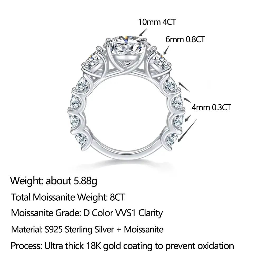 LinkerLove 4CT Moissanite Engagement Ring for Women 925 Silver Round Brilliant Cut Wide Band Statement Ring Wedding Jewelry Gift