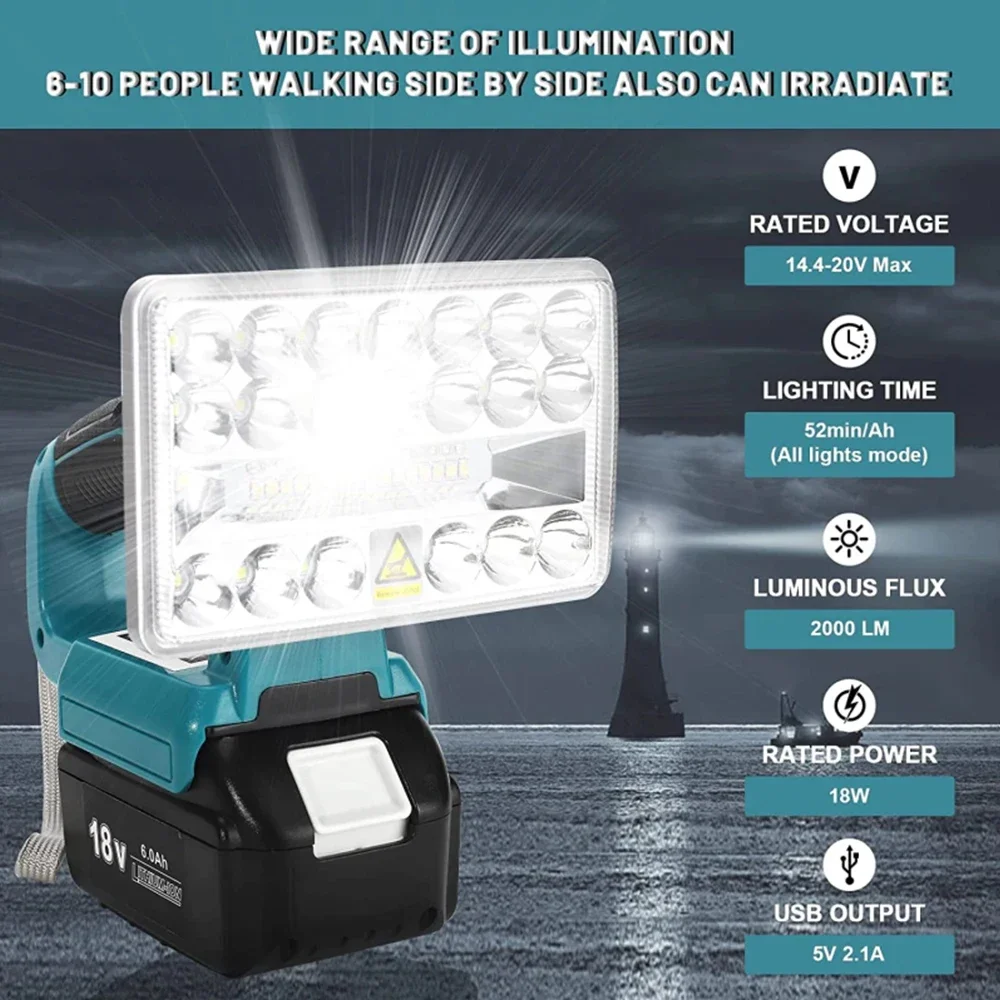 2000LM 18W LED Work Light for Makita 18V Li-ion Battery Rechargeable Lamps Portable Outdoor Camping Light Flashlight