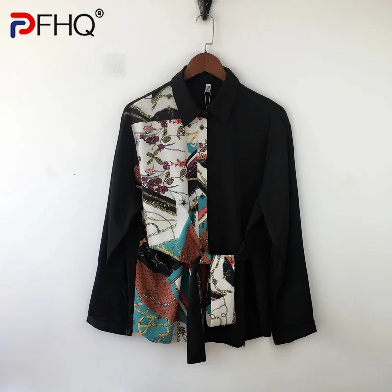 PFHQ Chiffon Hanging Print High Quality Shirts Men\'s Trendy Irregular Ribbon Design Personality Art Leisure Tops Spring 21Z3726