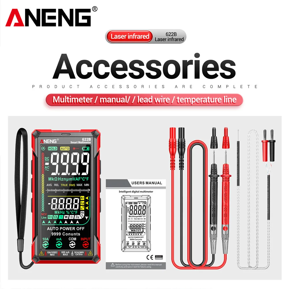 ANENG 622B Digitale Slimme Multimeter 9999 tellingen met laserpositionering NCV AC/DC spanning stroom weerstand capaciteitstester