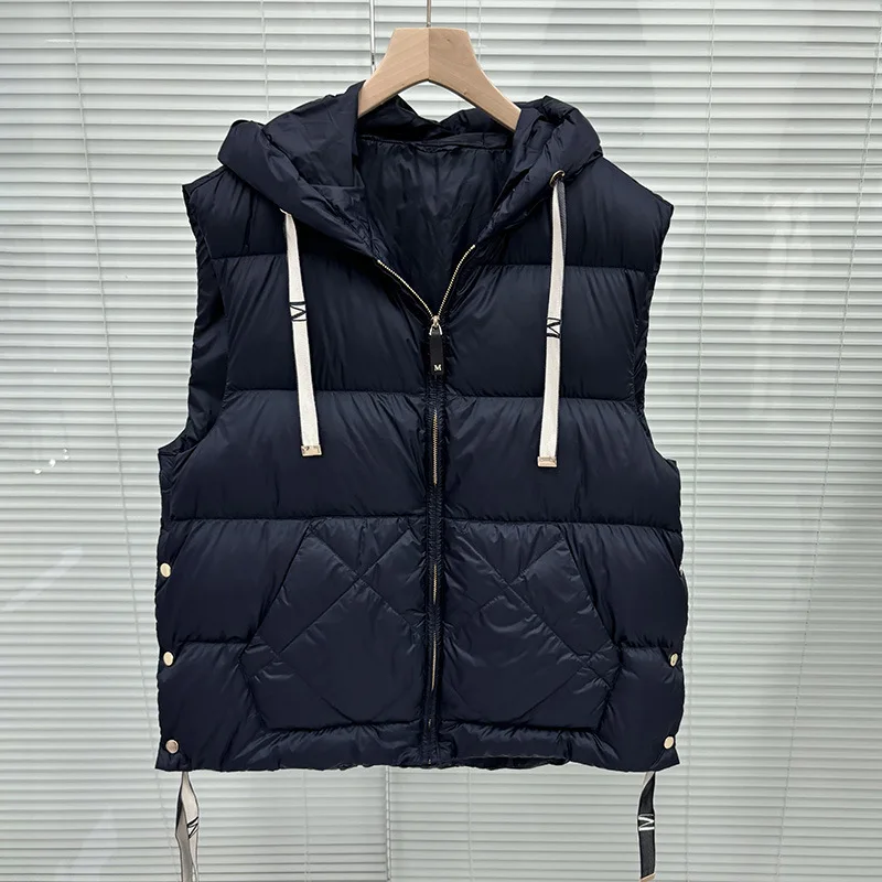 Nieuw wit eendendons kort vest met capuchon en trekkoord herfst- en wintervest donsjack jas met gesp aan de zijkant trendy