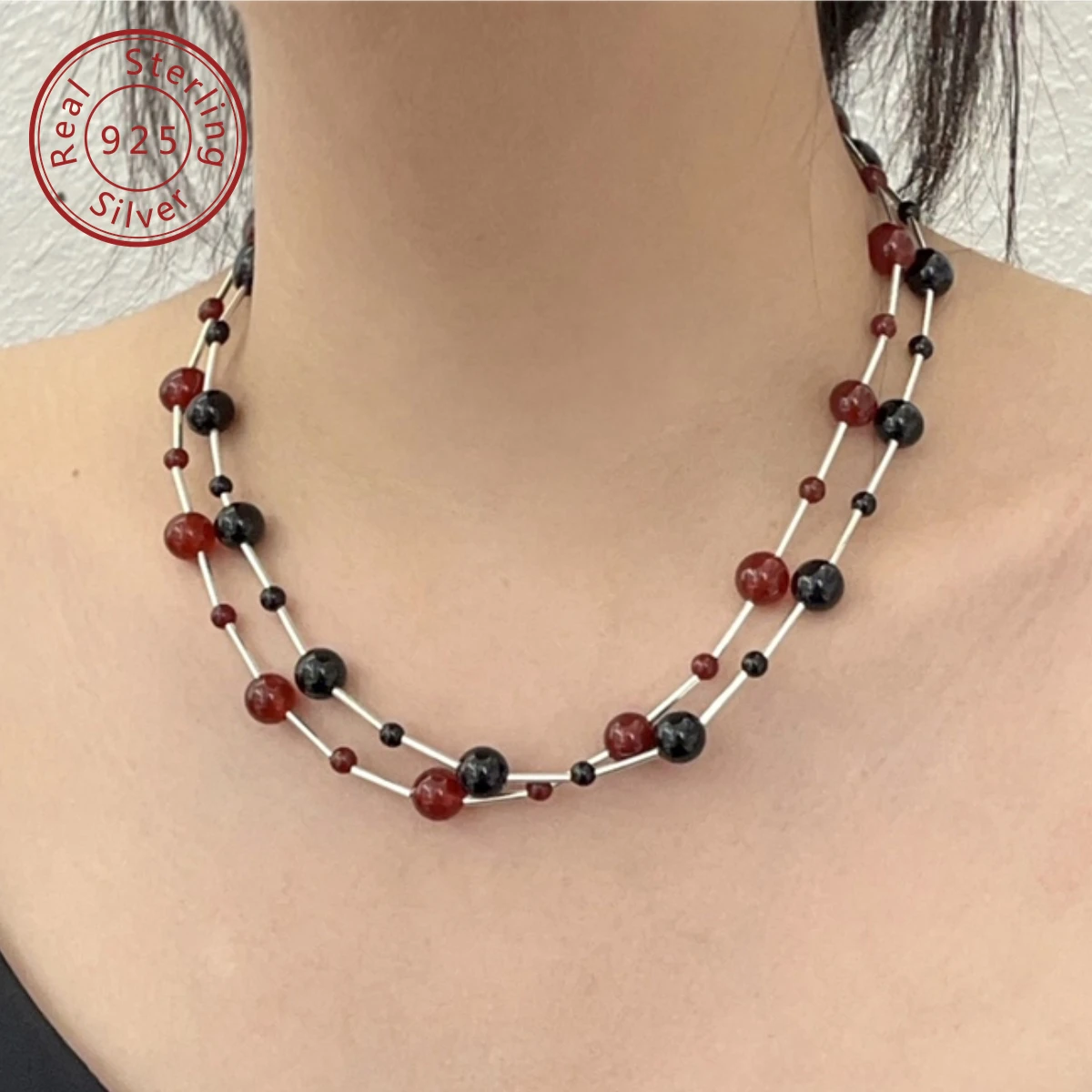 925 sterling silver gradient red black agate silver tubed necklace