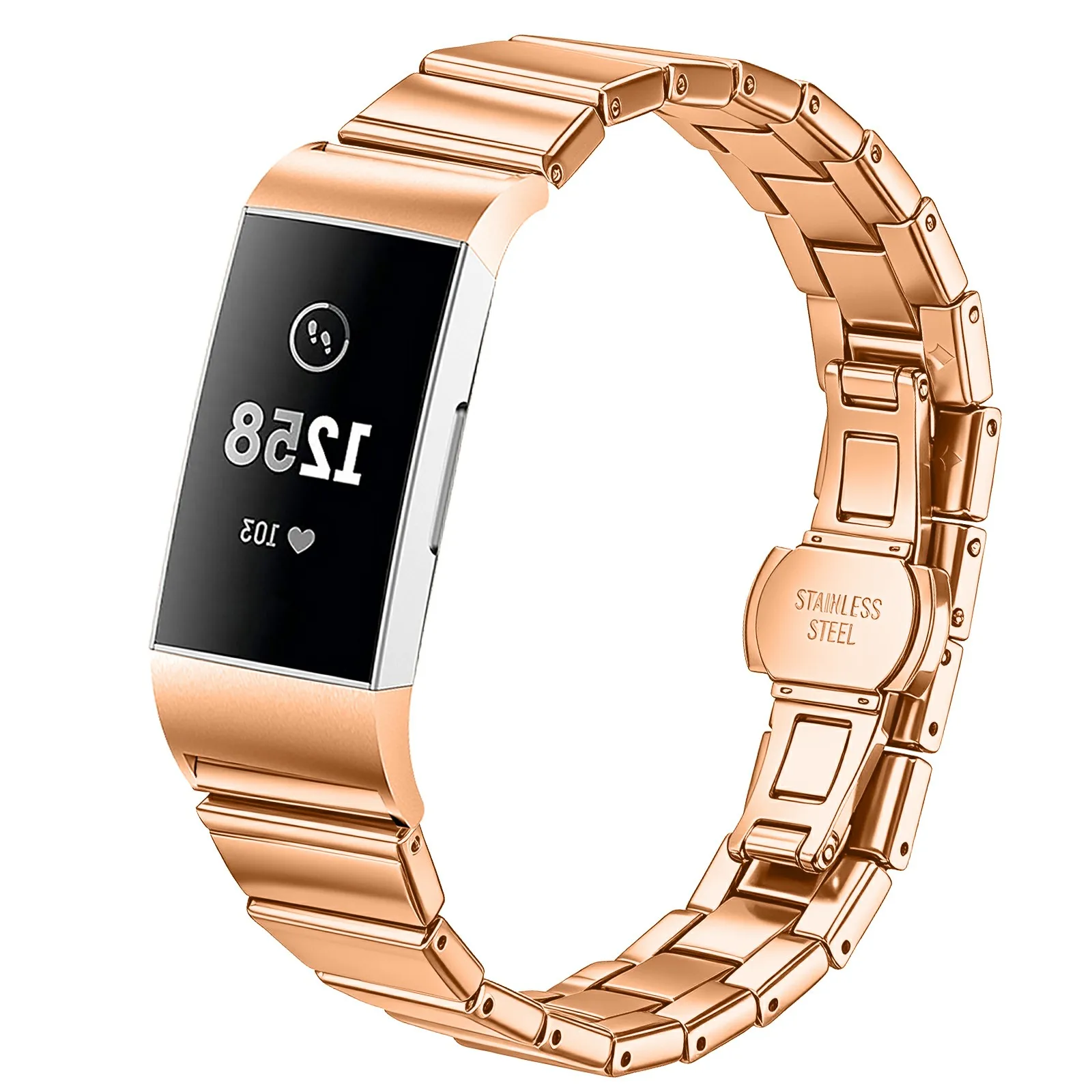 For Fitbit Charge 3 Strap One-bead Stainless Steel Replacement Metal Watch Band with Butterfly Buckle - Rose Gold