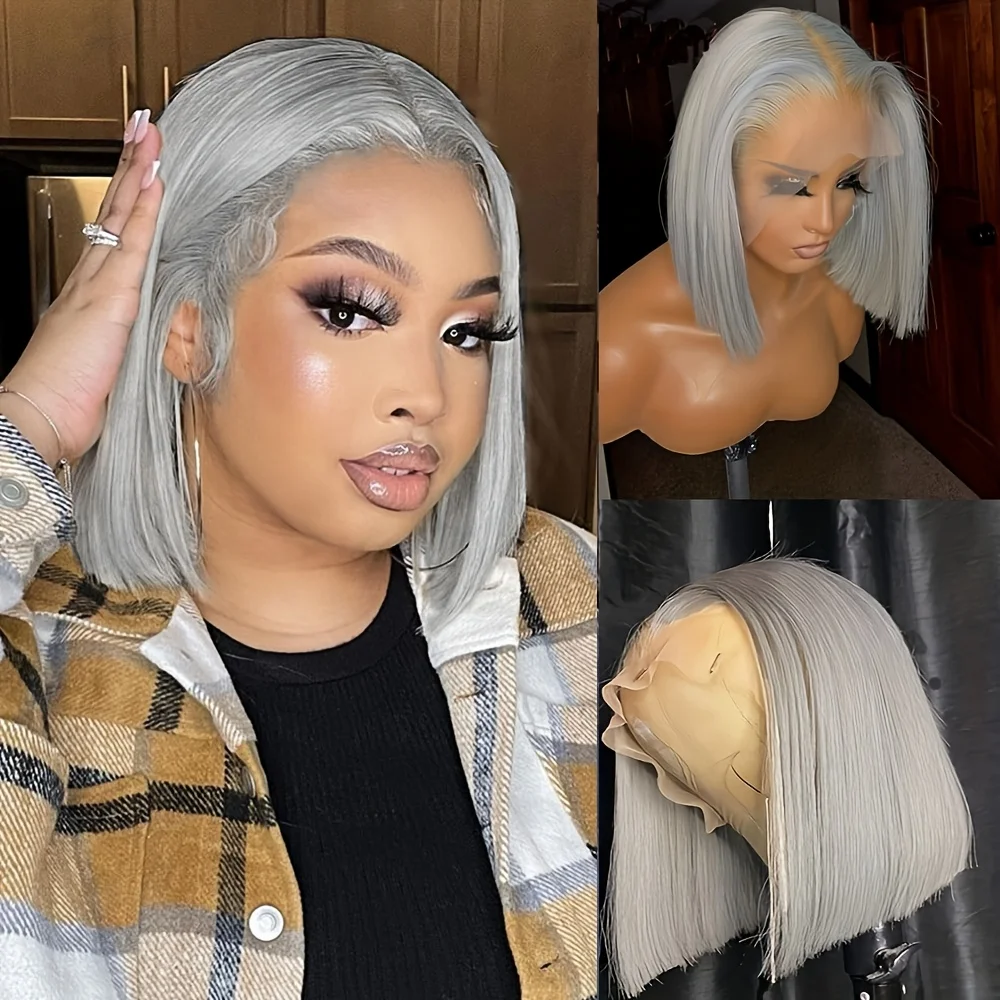 13x6 Transparent Lace Front Wig Silver Grey Bob Wig Bone Straight Lace Front Wig Human Hair Pre Plucked Gray Colored Lace Frontal Wigs For Women 14 16 Inches