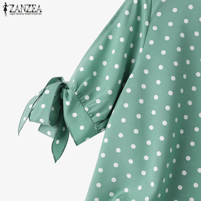 ZANZEA Damenmode Polka Dot Blusen O-Ausschnitt Gebundene Schlitzmanschetten Halbarm Elegante Tops Sommer Casual Alltagskleidung Blusas Mujer – Detail 15
