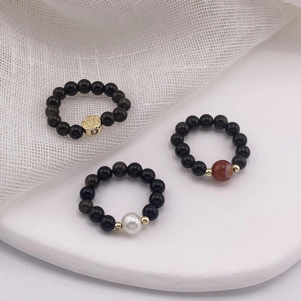 Vintage Natural Black Obsidian Stone Rings for Women Men Red Agates Black Shell Cat Charm Strand Elastic Finger Rings Healing - view 4
