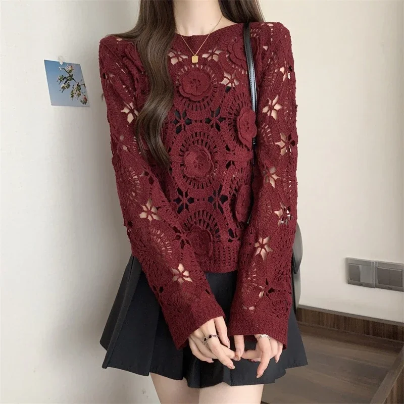 

Elegant Floral Knit Top With Hollow Out Design For Women Sweet Style Party Wear Spring Autumn Casual Fashion T-Shirts