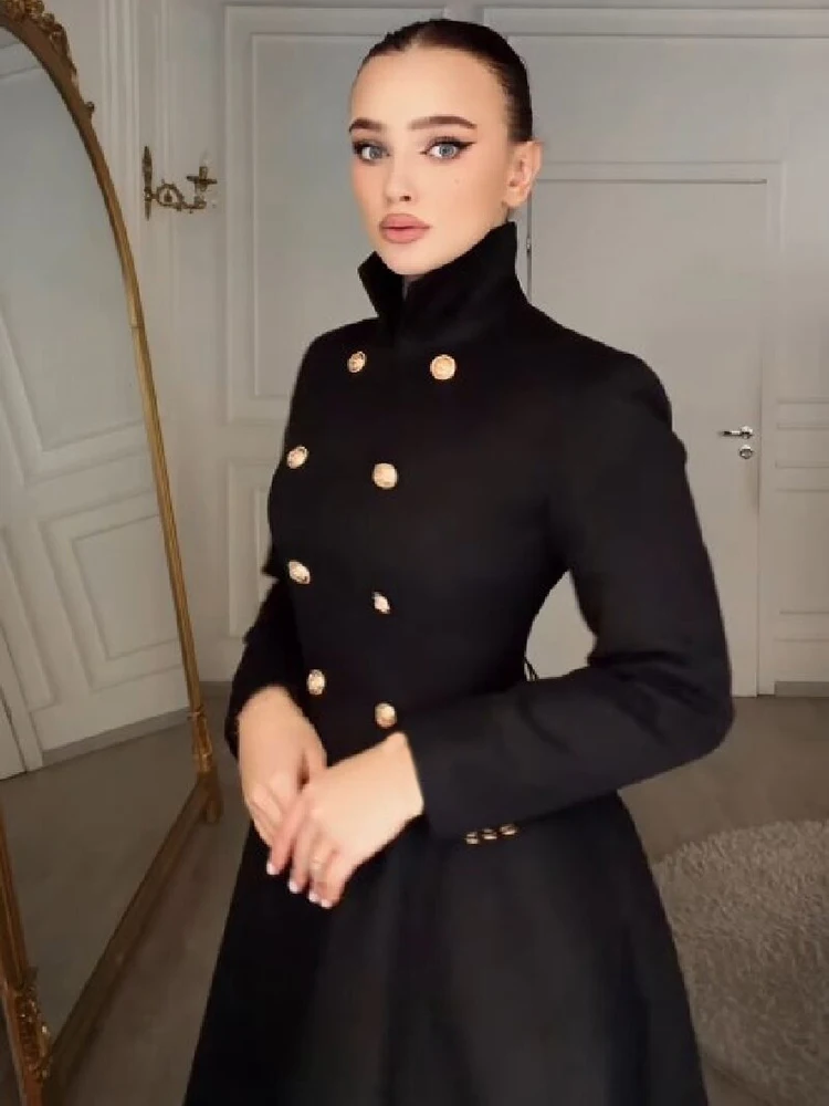 Elegant Maxi Black A‑line Overcoat High Neck Double Buttons Slim Fitted Waist Outerwear Formal Winter Lady Commuting Party Wear