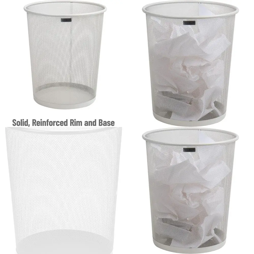 

White Metal Mesh Office Trash Bin, 4.4 Gallon Capacity, Round Waste Basket