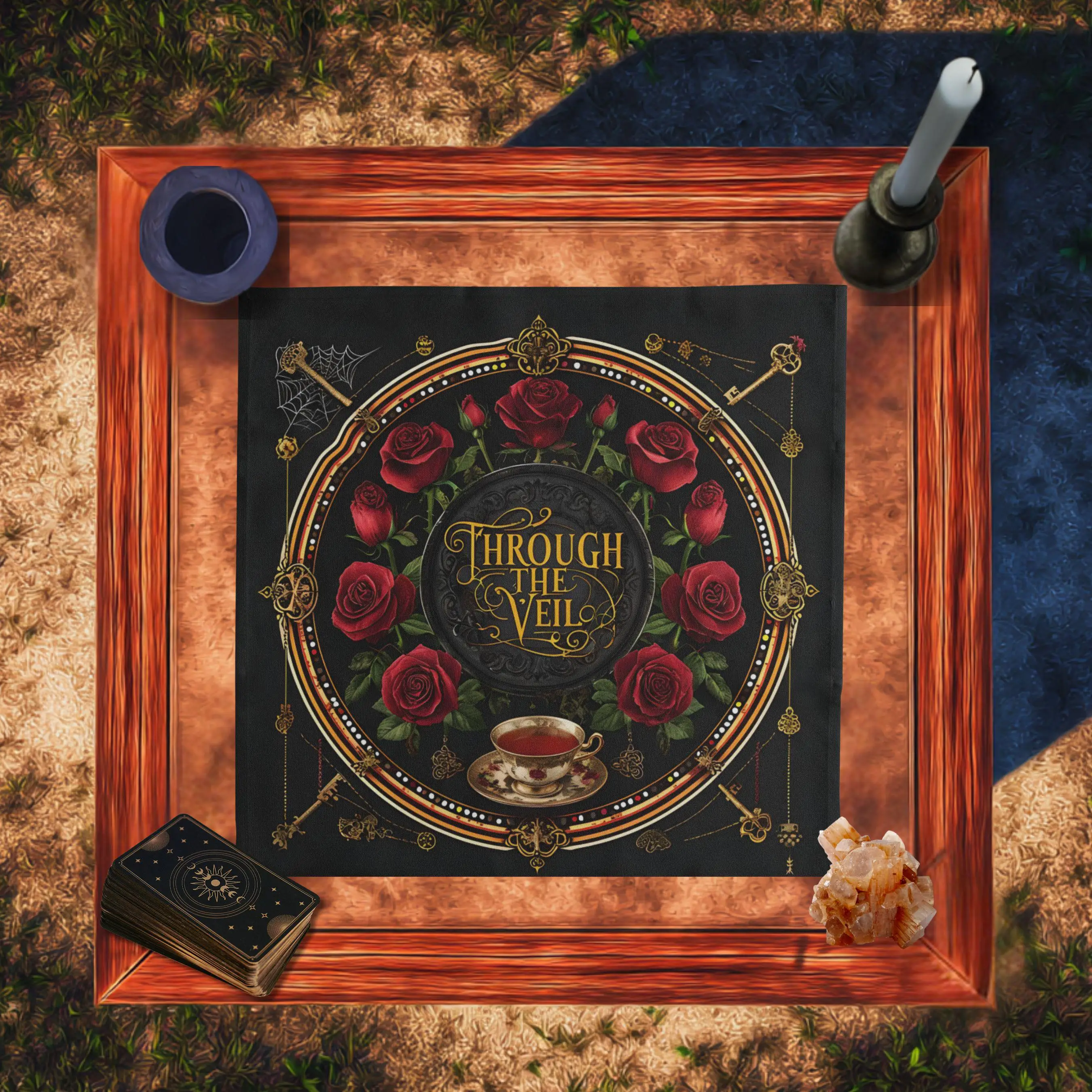VIKAMA Dark Red Rose Perspective Gate Tarot Tablecloth Gothic Retro Style Altar Cloth Wear-Resistant Ritual Divination Cloth