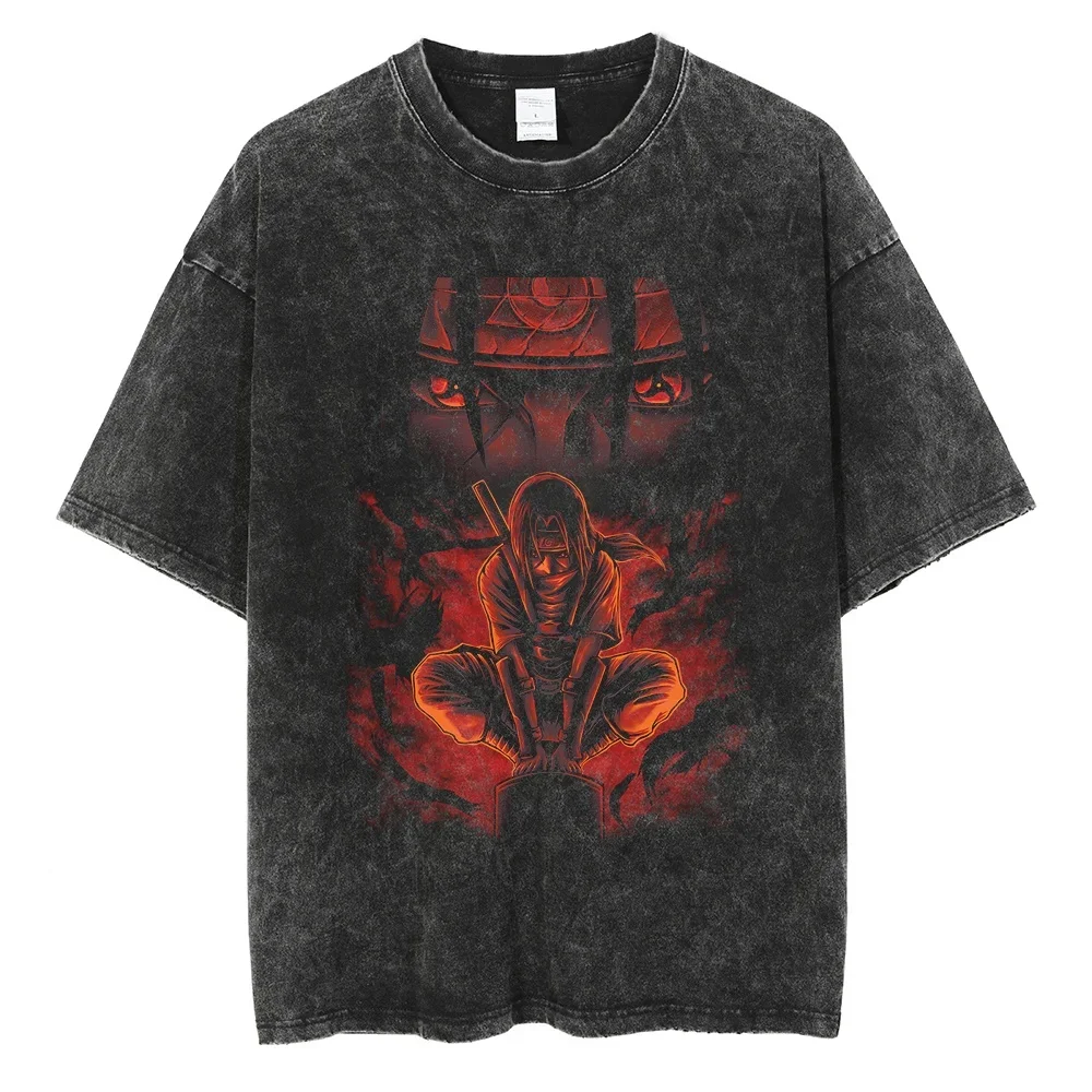 

Men Short Sleeve T Shirt Anime Print Vintage T-Shirt Cotton Black Washed Tops Tees Fashion Harajuku Streetwear Clothing