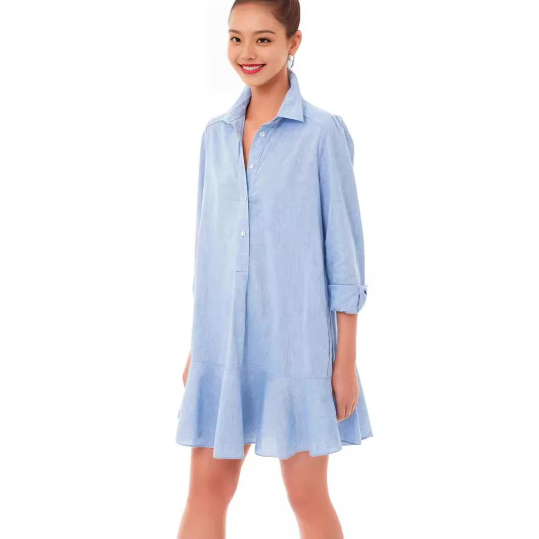 

Весна-лето 2024, женское однотонное длинное платье све с отложным воротником и кружевным подолом, свободный крой для поездок на работу