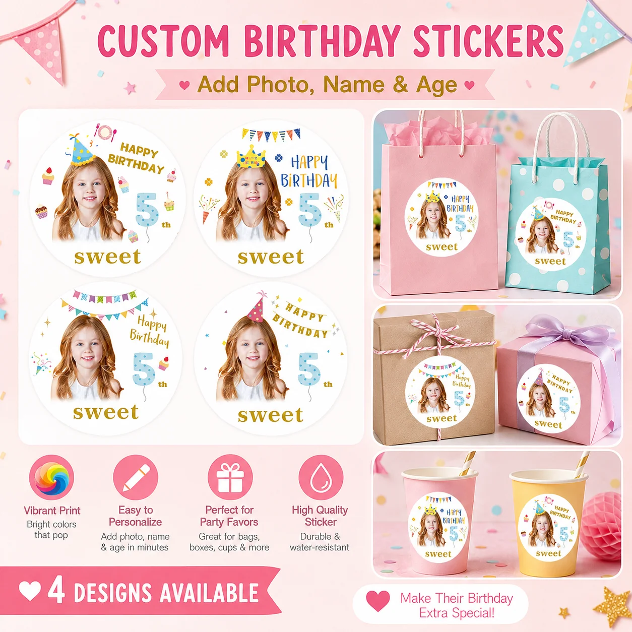 Personalized Kids Birthday Stickers - Souvenir Wrap & Birthday Gift Custom Kids Stickers - Waterproof label