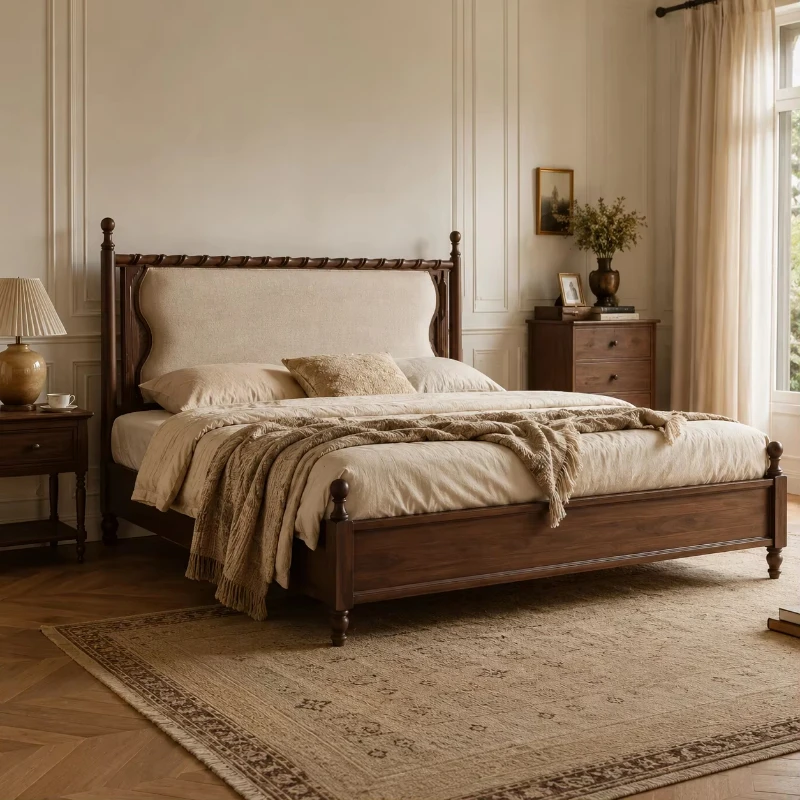Luxury retro solid wood platform bed frame with upholstered fabric headboard