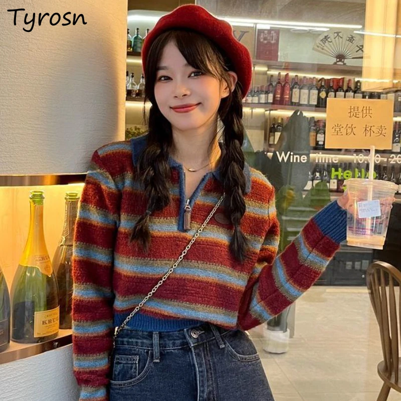 T-shirts Women Comfortable Spring Warm Classic Striped Attractive Daily Students Faddish Turn-down Collar Streetwear Ulzzang New