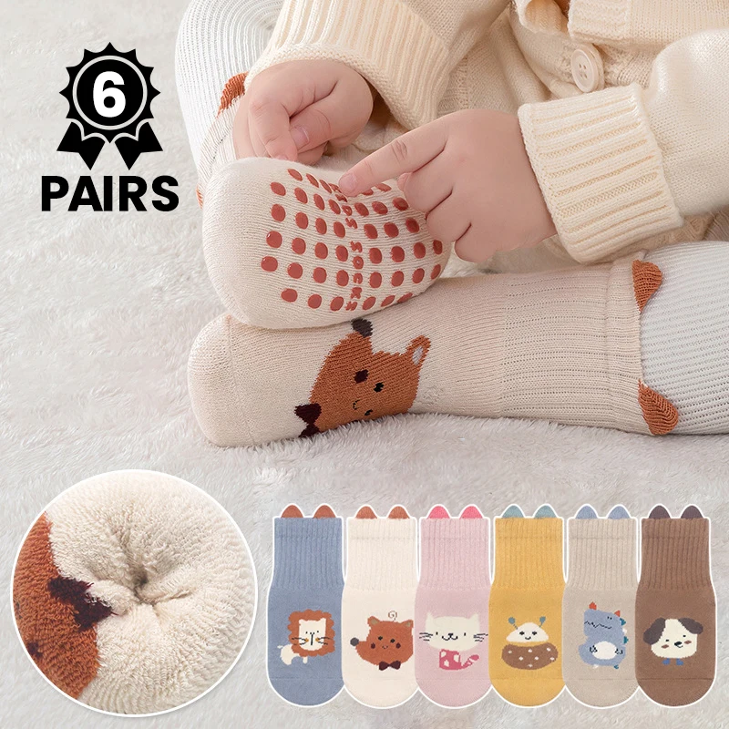 6 Pairs Warm and Thick All-Wool Knitted Cute cartoon Pattern Adhesive Anti-Slip Socks, Children's Walking Socks