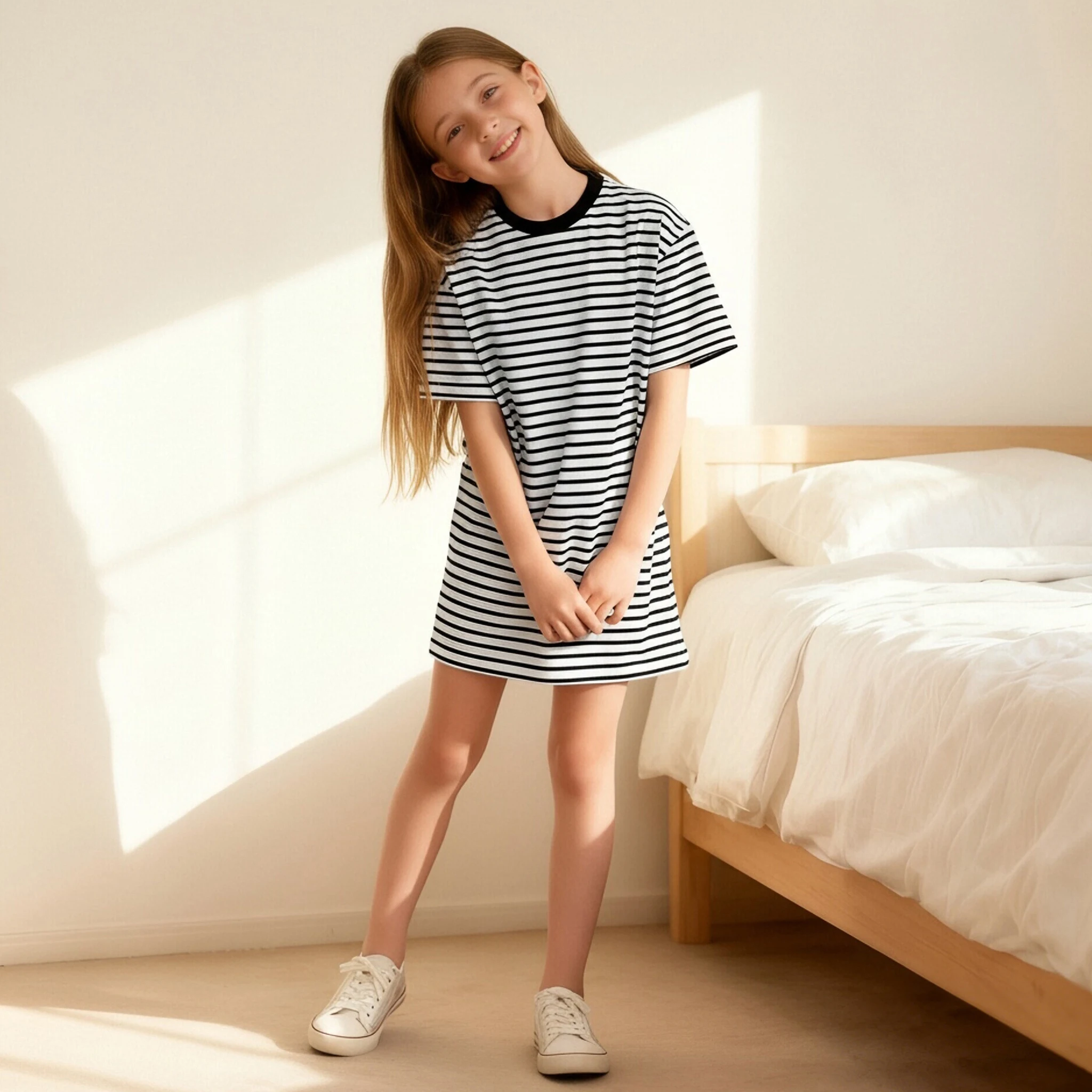 

2026 Girls Black and White Striped Printed Short Sleeve T-Shirt