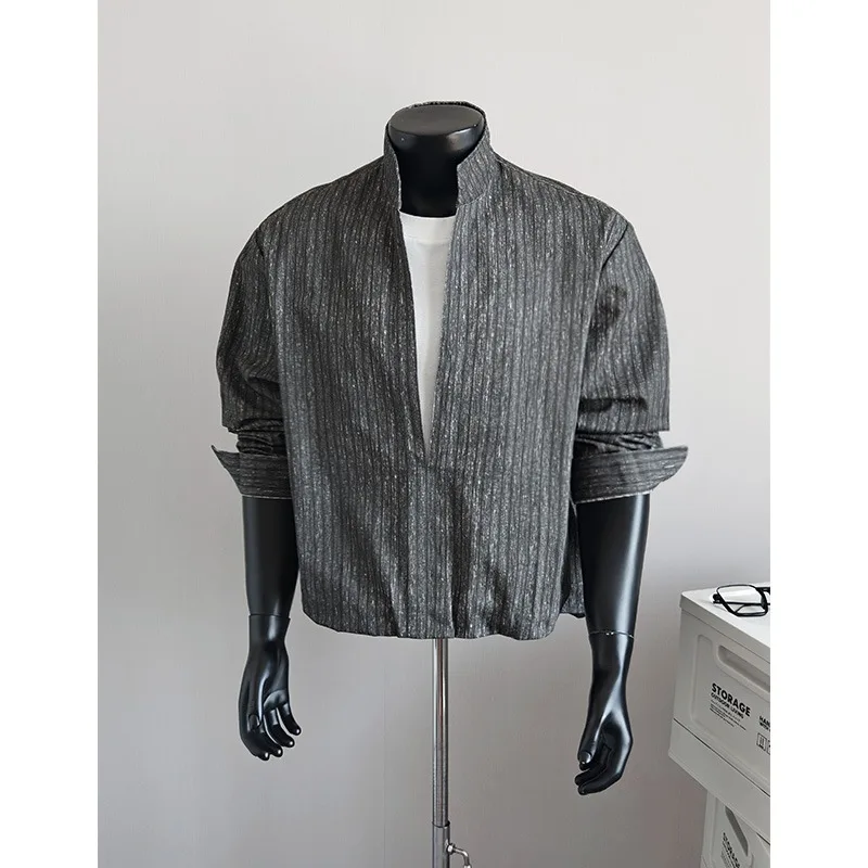 Trend Striped Fake Two-piece Shirt Men's Autumn Long Sleeved Loose Retro Shirts Stand Collar Casual Business Social Pullover