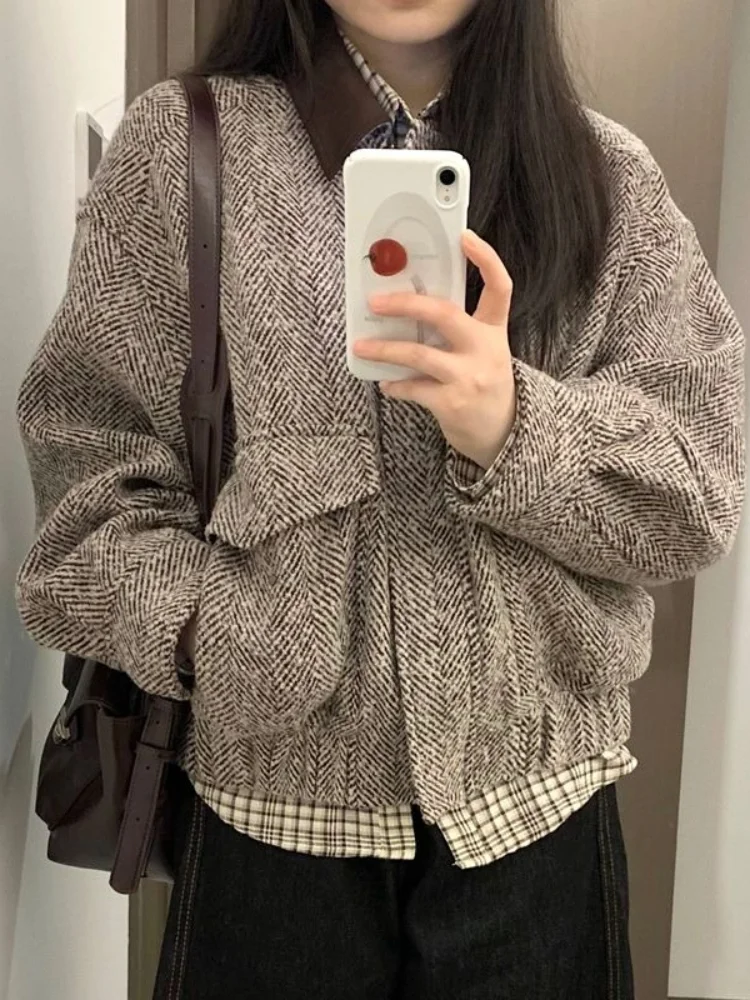 Women’s Vintage Herringbone Jacket Contrast Collar Loose Casual Coat American Retro Preppy Textured Outerwear Fall Streetwear