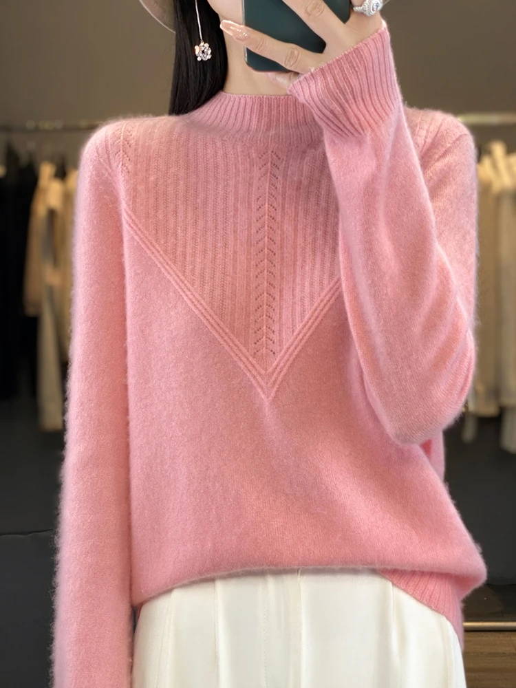 Women New Merino Wool Sweater Mock Collar Pullover Autumn Winter Cashmere Knitwear Slim  Elegant Clothing Thick Bottoming Tops